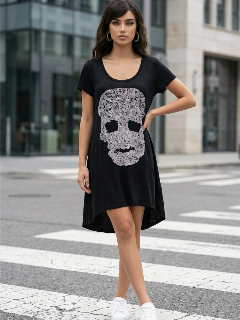 Lauren Moshi Black Mini Dress with White Skull Graphic